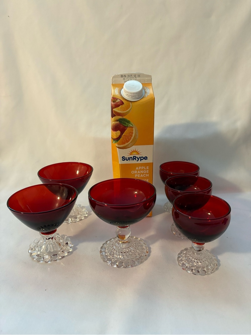 6-Assorted Anchor Hocking, red glass bubble boopie glasses/dishes